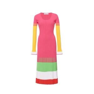 PRABAL GURUNG Striped Ribbed Bodycon Midi Dress In Pink Color Block XS